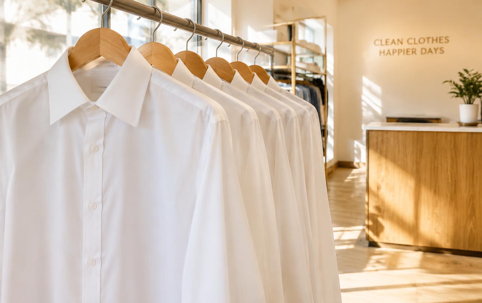 Freshly pressed white dress shirts on hangers